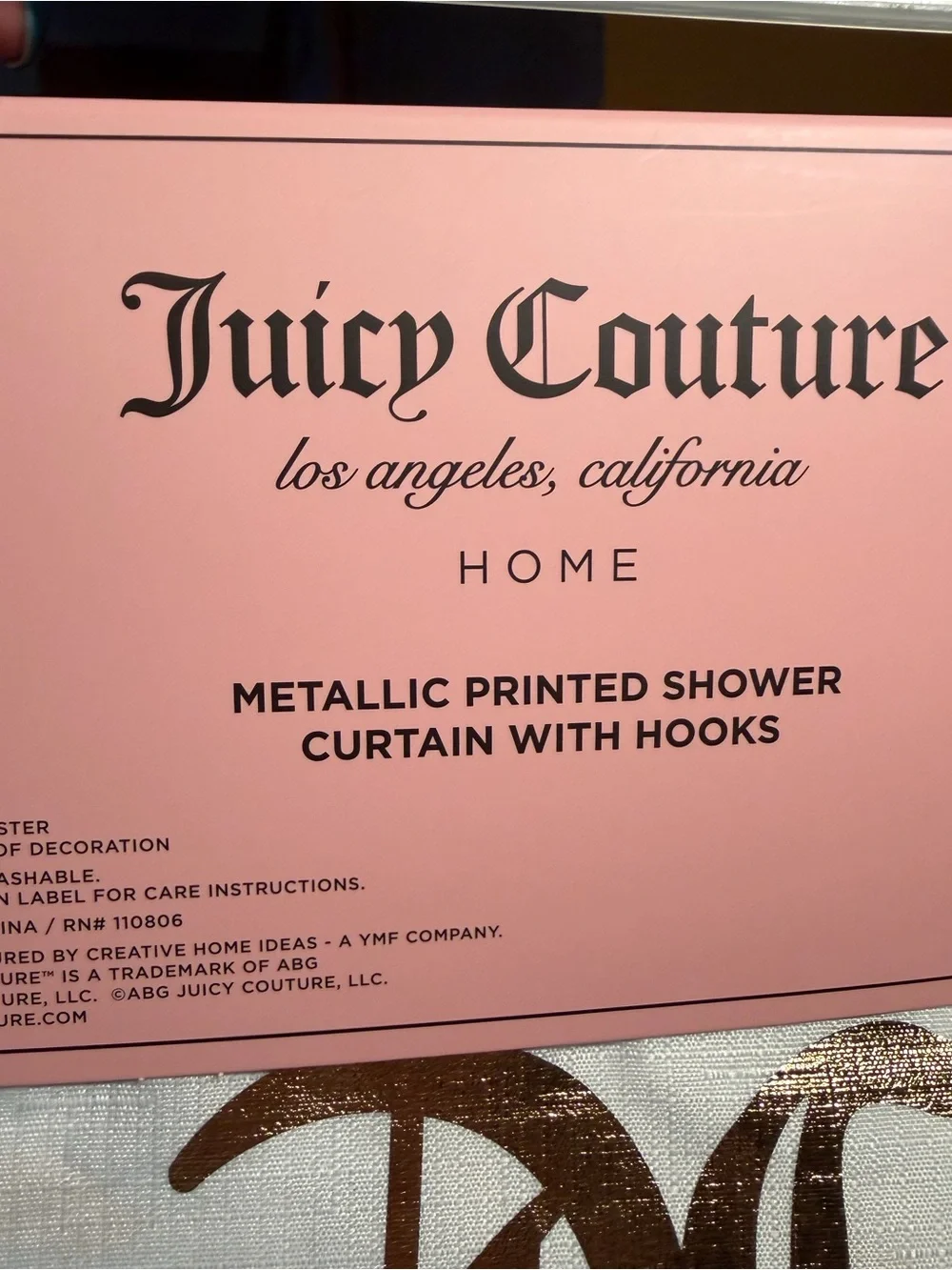 Juicy Couture LA NWT White Cloth Shower Curtain with Gold JC Logo & 12 Hooks